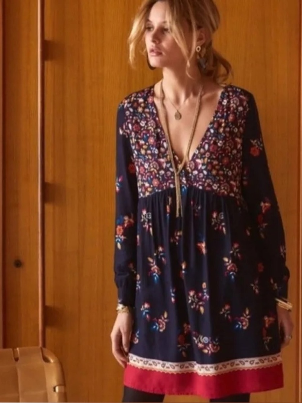 Sezane Daphna Floral V-Neck Long Sleeve Mid Length Dress Size 40